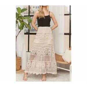 NEW ADORA crochet lace maxi skirt with drawstring waist in beige